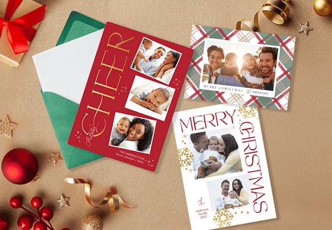 Holiday photo cards with family photos and holiday greetings