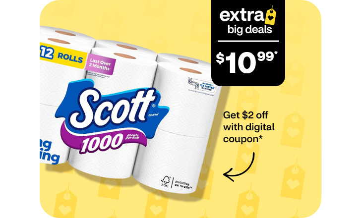 Extra Big Deals, $10.99. Get $2 off with digital coupon. Scott toilet paper
