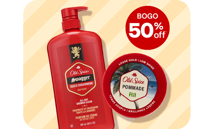 Buy one, get one 50 percent off, Old Spice body wash and pomade
