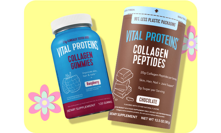 Vital Proteins Collagen Gummies and chocolate Collagen Peptides supplements against a yellow background with pastel-colored flowers.