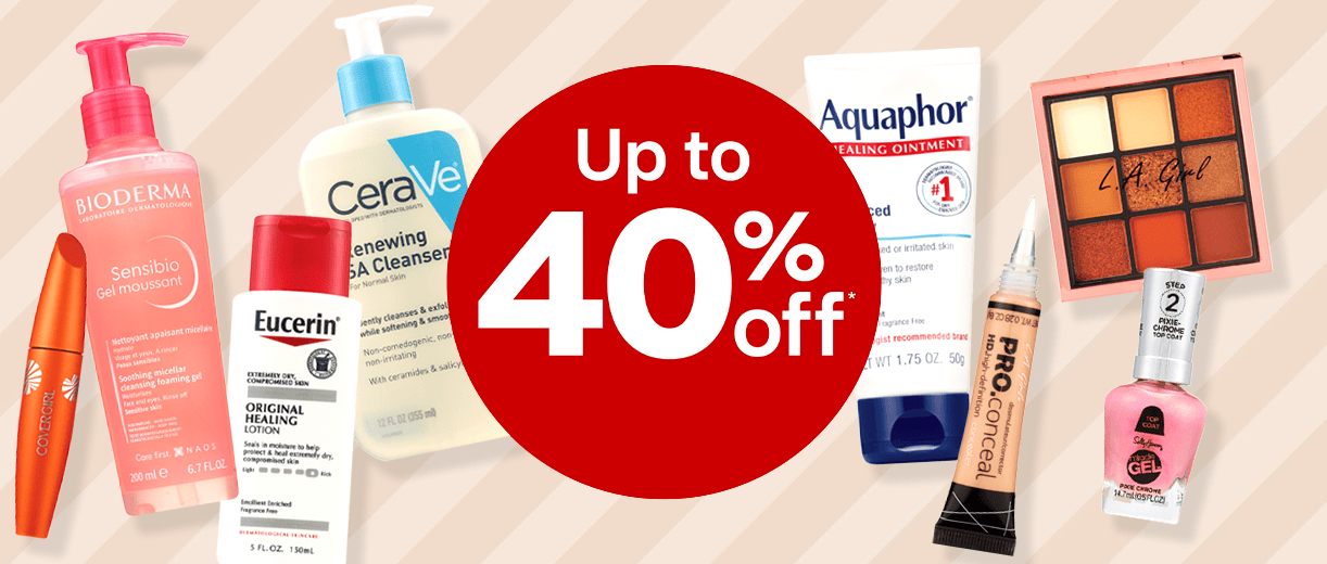Skincare and beauty products surrounding a red offer dot reading "Up to 40% off."
