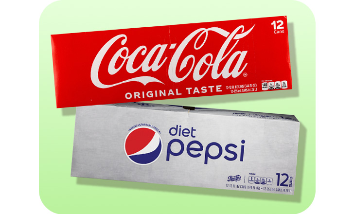 Cartons of 12 cans each of Coca-Cola and Diet Pepsi soda