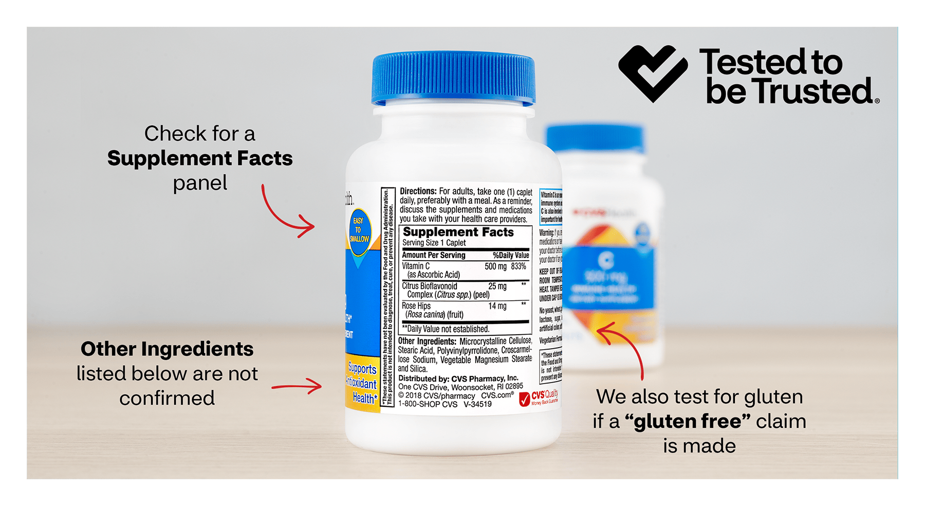 Tested to be Trusted™ logo, arrows pointing to label on supplements bottle, check for a supplement facts panel, other ingredients listed below are not confirmed, we also test for gluten if a "gluten free" claim is made