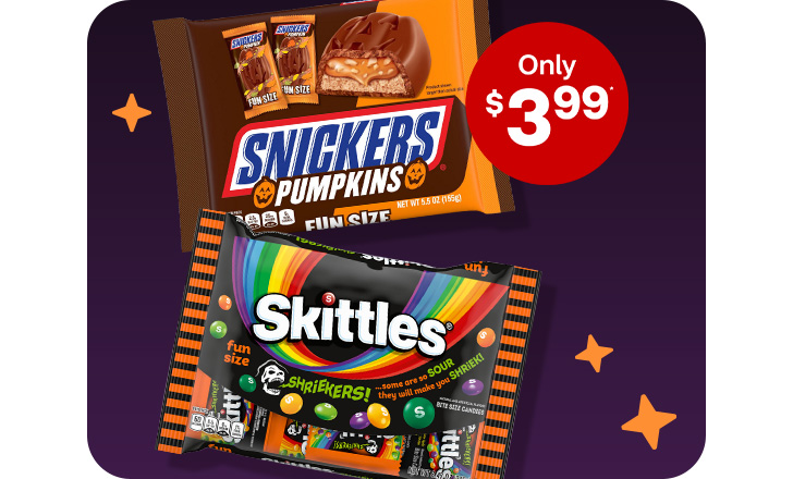 Only $3.99. Snickers Pumpkins and Skittles Shriekers candy.