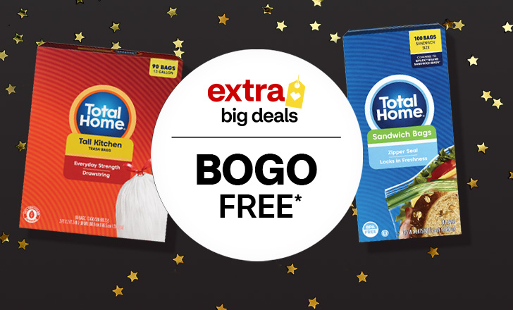 Extra big deals offer dot labeled ‘buy one, get one free’ next to Total Home sandwich and kitchen bags.