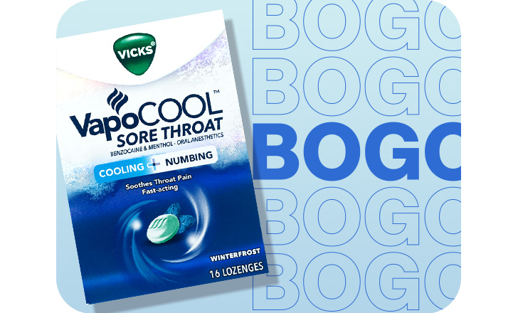 Buy one, get one, Vicks VapoCool Sore Throat lozenges