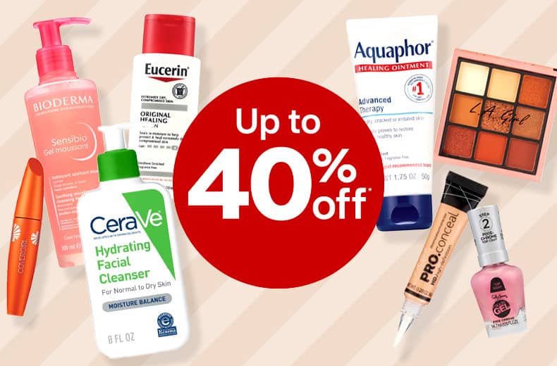 Skincare and beauty products surrounding a red offer dot reading "Up to 40% off."