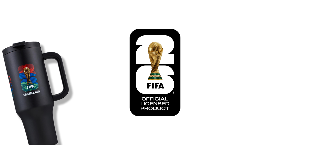 FIFA World Cup–themed products including a black travel tumbler, branded baseball cap, official FIFA licensed product logo and soccer ball displayed on a green grass background.