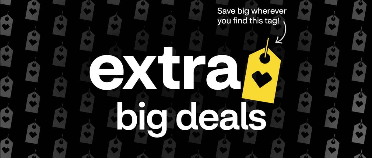 Extra big deals and a yellow tag with a CVS heart.