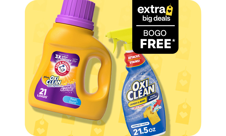 Extra Big Deals, Buy 1, get 1 free. Arm & Hammer OxiClean detergent and OxiClean stain spray