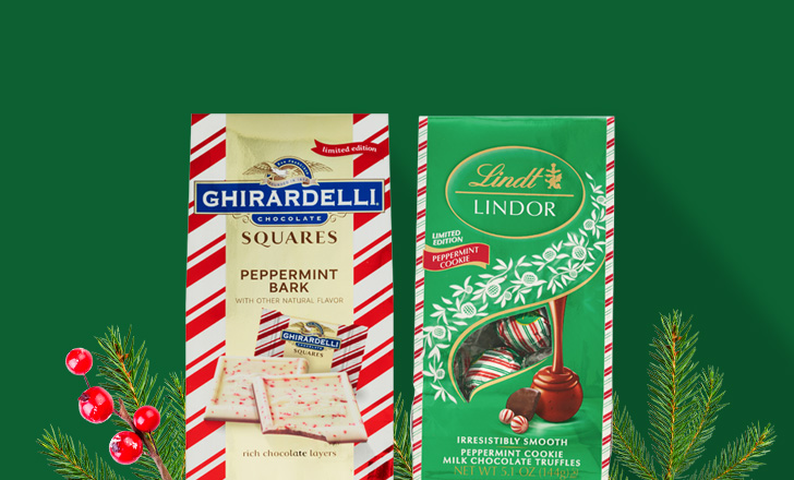 Ghirardelli peppermint bark squares and Lindt peppermint cookie truffles