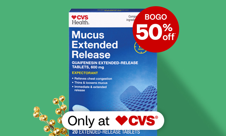 Buy one, get one 50 percent off, CVS Health Mucus Extended Release tablets, only at CVS