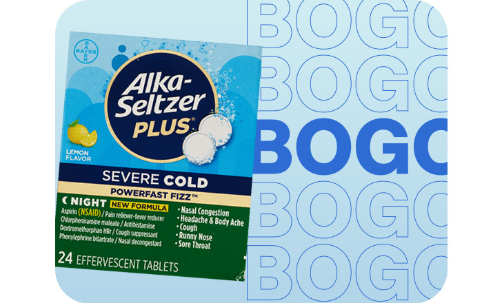 Buy one, get one, Alka-Seltzer Plus Severe Cold effervescent tablets
