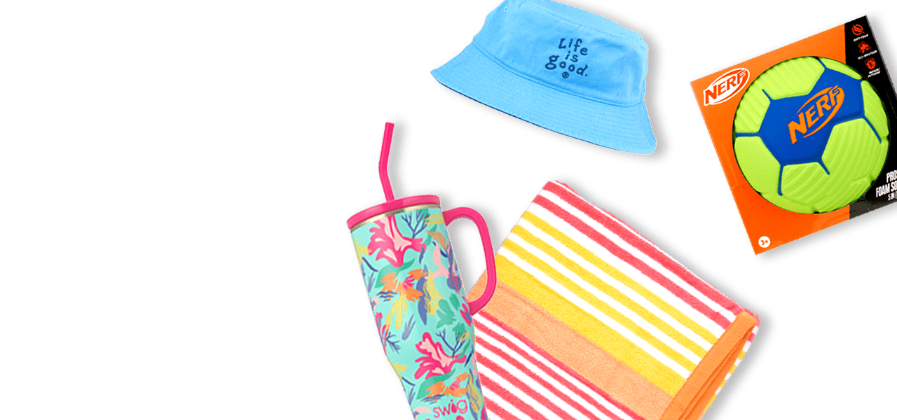 Summer essentials, including a tube of Vacation sunscreen, a beach bag, a bottle of Fiji water, a Life is Good bucket hat, a Nerf soccer ball, a beach towel and a Swig tumbler