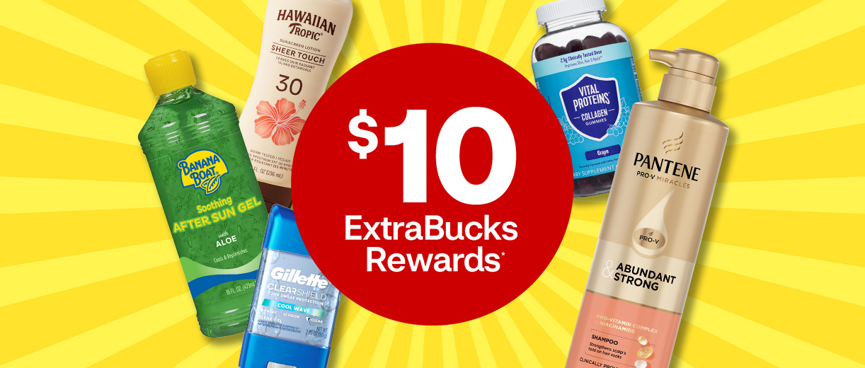 $10 ExtraBucks Rewards. Banana Boat After Sun Gel and Pantene Abundant Strong shampoo, Hawaiian Tropic SPF 30, Gillette deodorant and Vital Proteins Collagen gummies against a sunshine yellow background