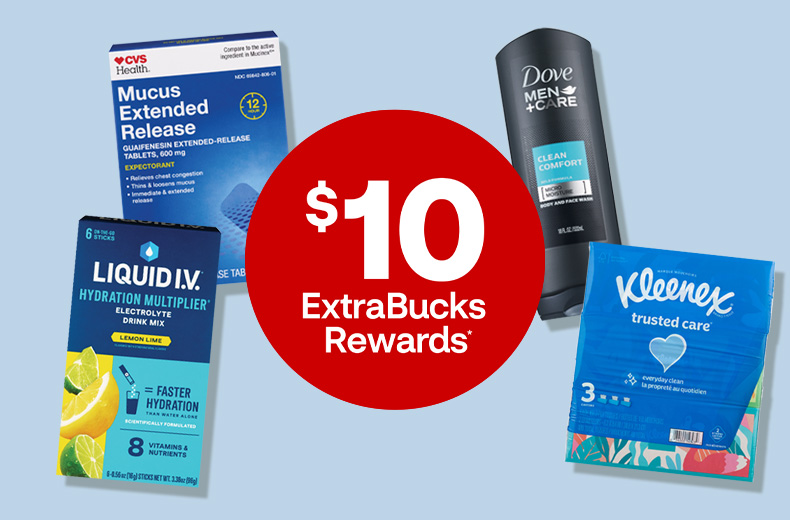 $10 ExtraBucks Rewards, wellness products including Liquid I.V. hydration drink, CVS Health Mucus Extended Release tablets, Dove men's body wash and Kleenex tissues