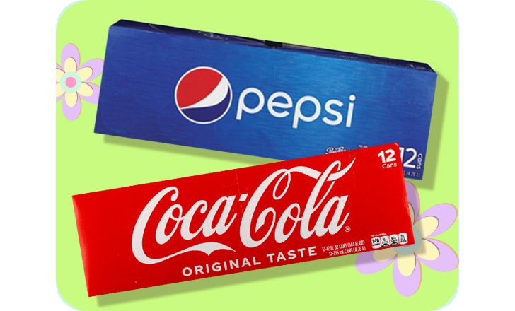 12-pack Coca-Cola cans and Pepsi cans