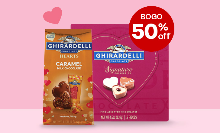 Buy one, get one 50% off, Ghirardelli caramel and signature collection chocolates