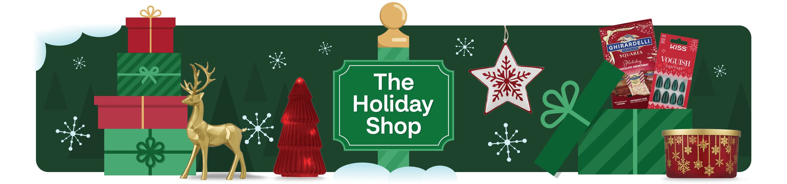 The Holiday Shop, a decorative metallic deer, Ghirardelli chocolate squares, Kiss Voguish press-on nails and scented candle