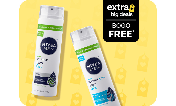 Extra Big Deals, buy 1, get 1 free. Nivea Men Sensitive Shave Gel and Sensitive Cool Shave Gel.