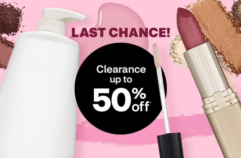 Last chance! Clearance up to 50% off. Cosmetics on a pink background. A lotion bottle, open lipstick, eyeshadow and lip gloss applicator.