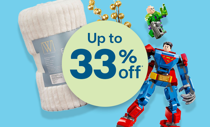"Up to 33% off” offer dot with holiday decor and toys.
