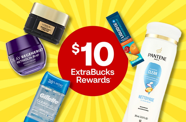 $10 ExtraBucks Rewards. Pantene Classic Clean shampoo, Liquid I.V., Olay Regenerist Retinol night cream, Gillette deodorant and L’Oréal Paris Midnight Cream against a yellow sunshine background