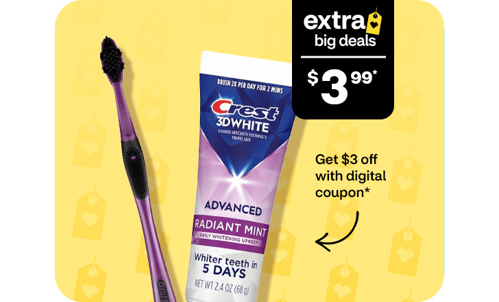 Extra Big Deals. $3.99. Get $3 off with digital coupon. Crest 3-D White Advanced Radiant Mint toothpaste and a purple toothbrush.