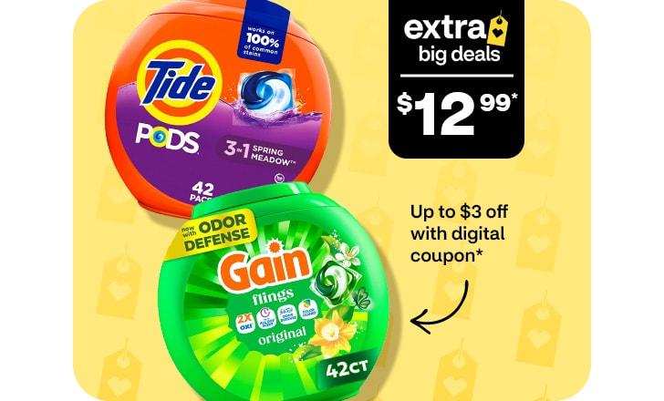 Extra Big Deals, $12.99. Up to $3 off with digital coupon. Tide and Gain pods