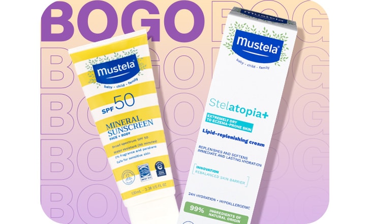 Buy 1, get 1 50% off. Mustela SPF 50 and Mustela Stelatopia Lipid-replenishing cream