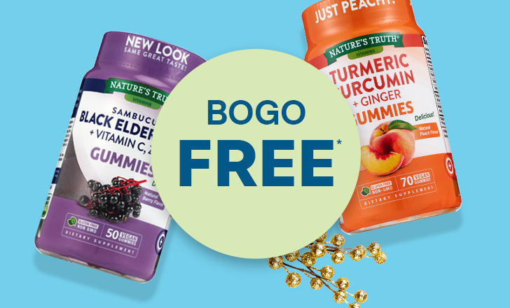 Buy one, get one free, Nature's Truth Black Elderberry Gummies and Turmeric Curcumin gummies.
