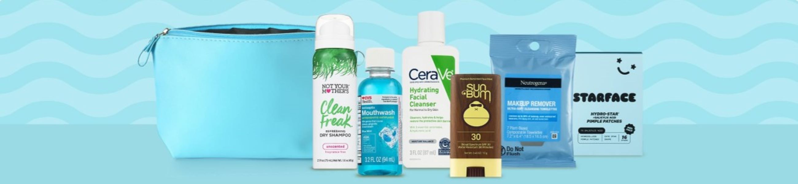 Trial and travel products and blue bag