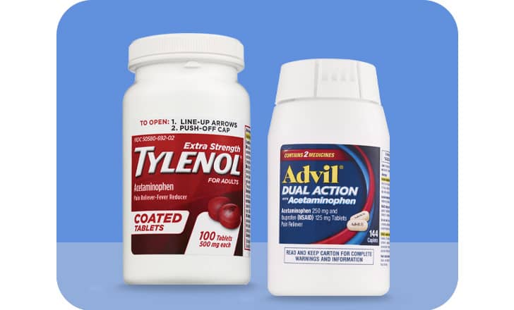 Tylenol and Advil acetaminophen pain relief tablets