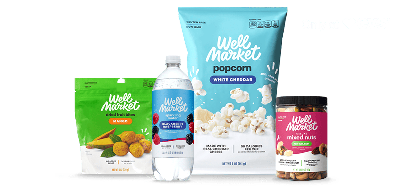 Well Market logo, trail mix bites, cashews, popcorn and deluxe mixed nuts, only at CVS.
