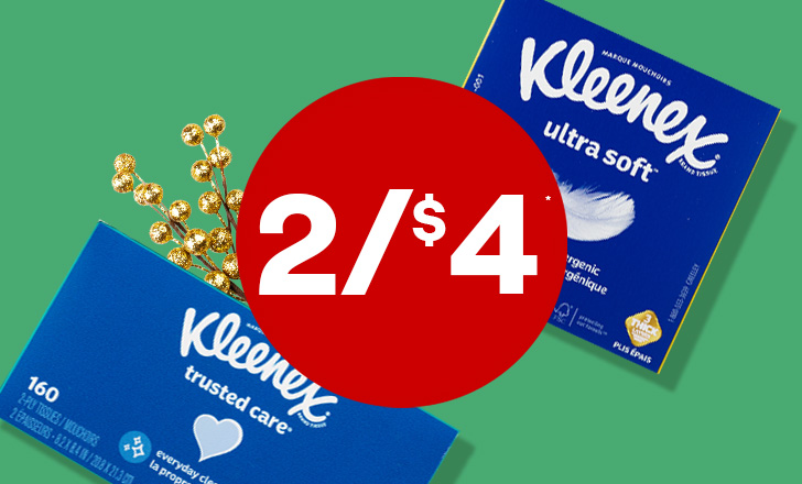 Buy two boxes of Kleenex ultra soft tissues for $4.