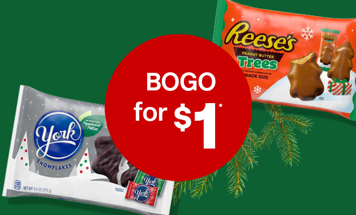 “Buy one, get one for $1" offer dot next to Reese’s Trees and York Peppermint Patties