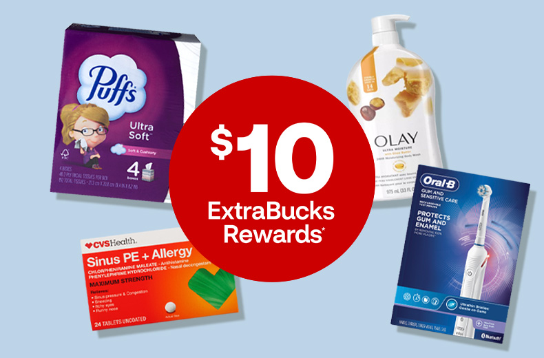 Health and personal care products surrounding a red offer dot reading "$10 ExtraBucks Rewards."