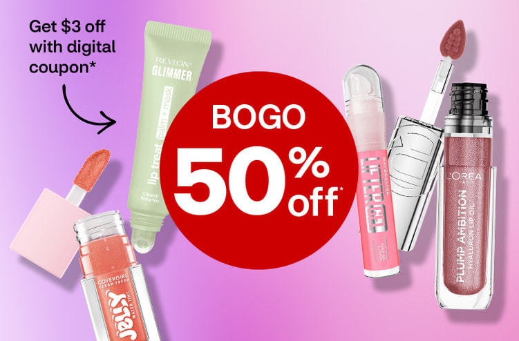 Buy 1, get 1 50% off. Get $3 off with digital coupon. L’Oréal Paris Plump Ambition Hyaluron Lip Oil and applicator, Maybelline Lifter Gel, Revlon Glimmer lip treat balm and mask and CoverGirl Clean Fresh Jelly Water tint
