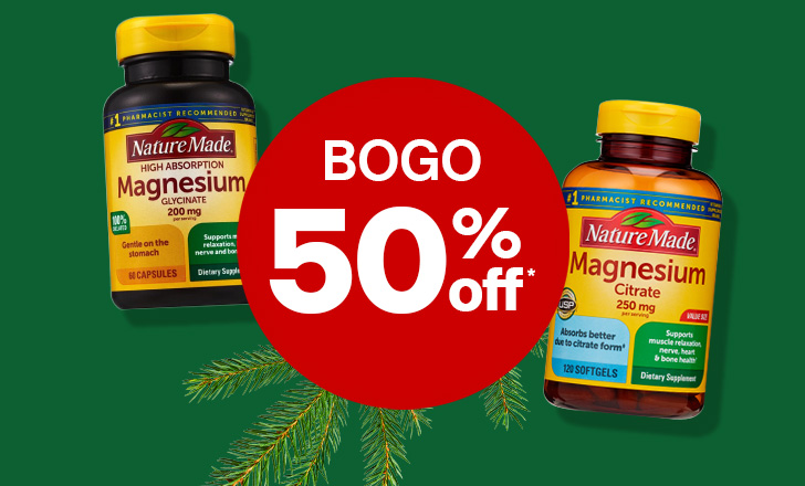 “Buy one, get one 50% off" offer dot next to Nature Made magnesium supplements.