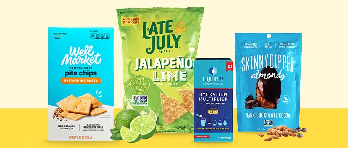 Well Market pita chips, Late July tortilla chips, Liquid I.V. Hydration Multiplier and Skinny Dipped almonds