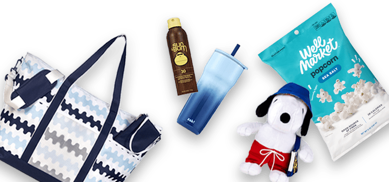 Tote bag, Sun Bum sunscreen, blue tumbler, snoopy plush doll and Well Market popcorn against a blue background with a sun