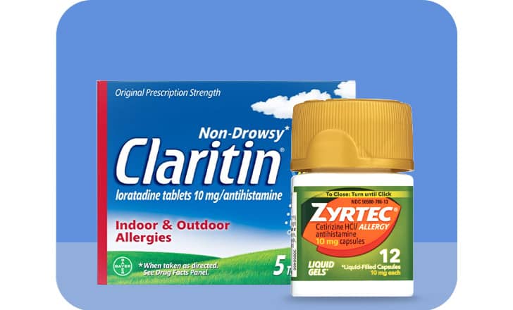 Claritin tablets and Zyrtec liquid gels allergy relief