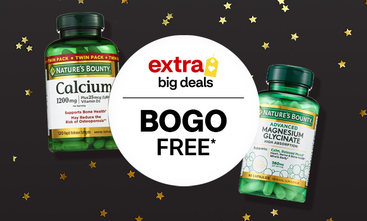 "Buy one, get one free" offer dot next to Nature’s Bounty calcium and magnesium supplements.