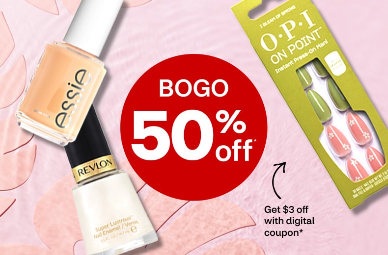 Buy 1, get 1 50% off, get $3 off with digital coupon. OPI On Point press-on nails, Revlon nail enamel polish and Essie polish