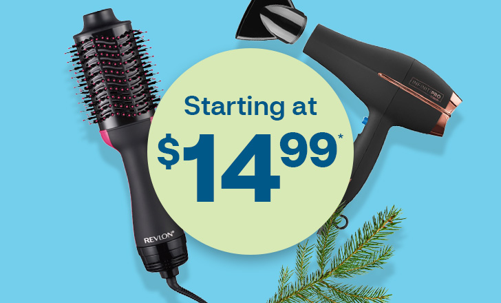 Starting at $14.99, Revlon styling brush and Conair blow dryer hair styling tools
