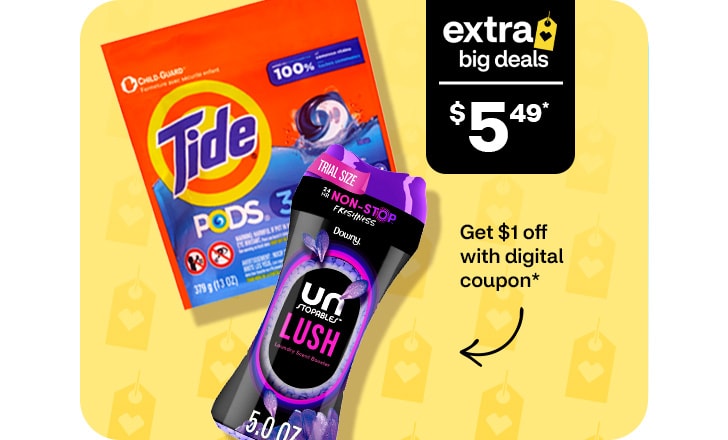 Extra Big Deals, $5.49. Get $1 off with digital coupon. Tide pods and Unstopables Lush scent beads.