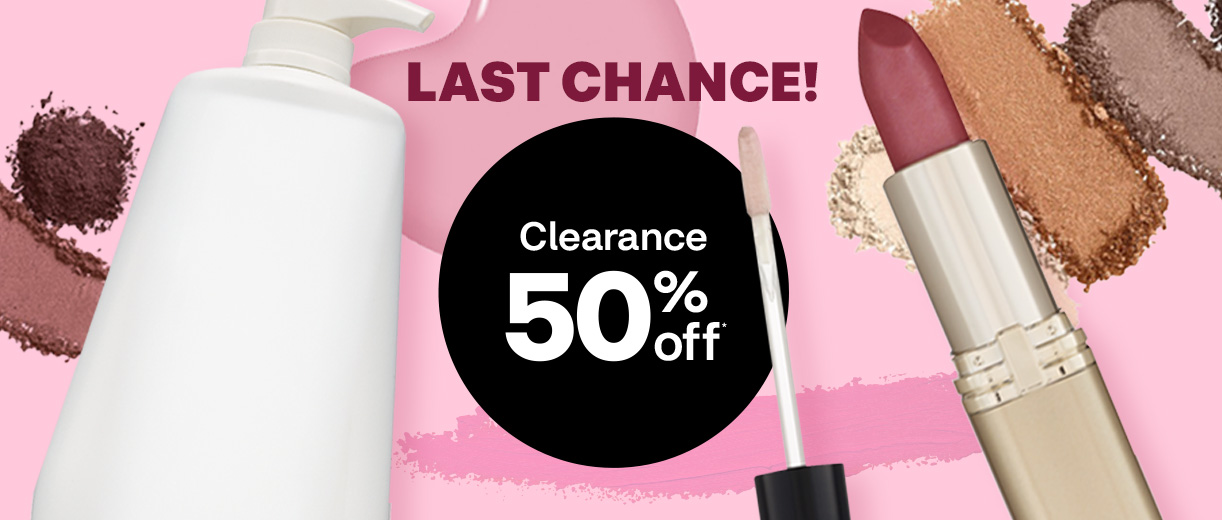 Last chance! Clearance 50% off. Various beauty products, including a lotion bottle and an open lipstick with an applicator, against a pink background with blush and eyeshadow. Hurry — save big on select beauty buys while supplies last! Shop last-chance beauty clearance.
