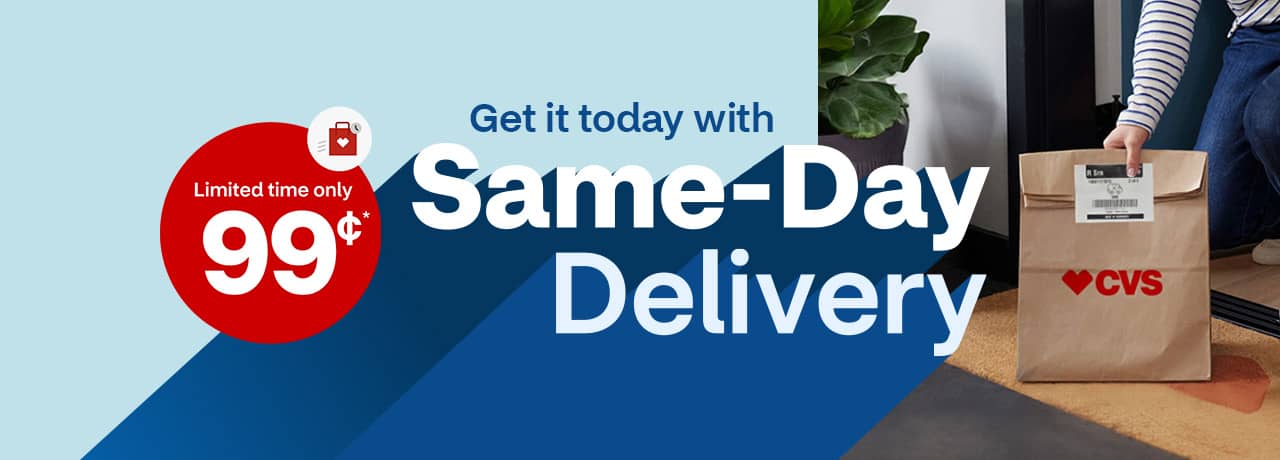 Limited time only, 99 cents, pictogram of CVS shopping bag. Get it today with Same-Day Delivery. Person picking up a CVS Pharmacy delivery bag.