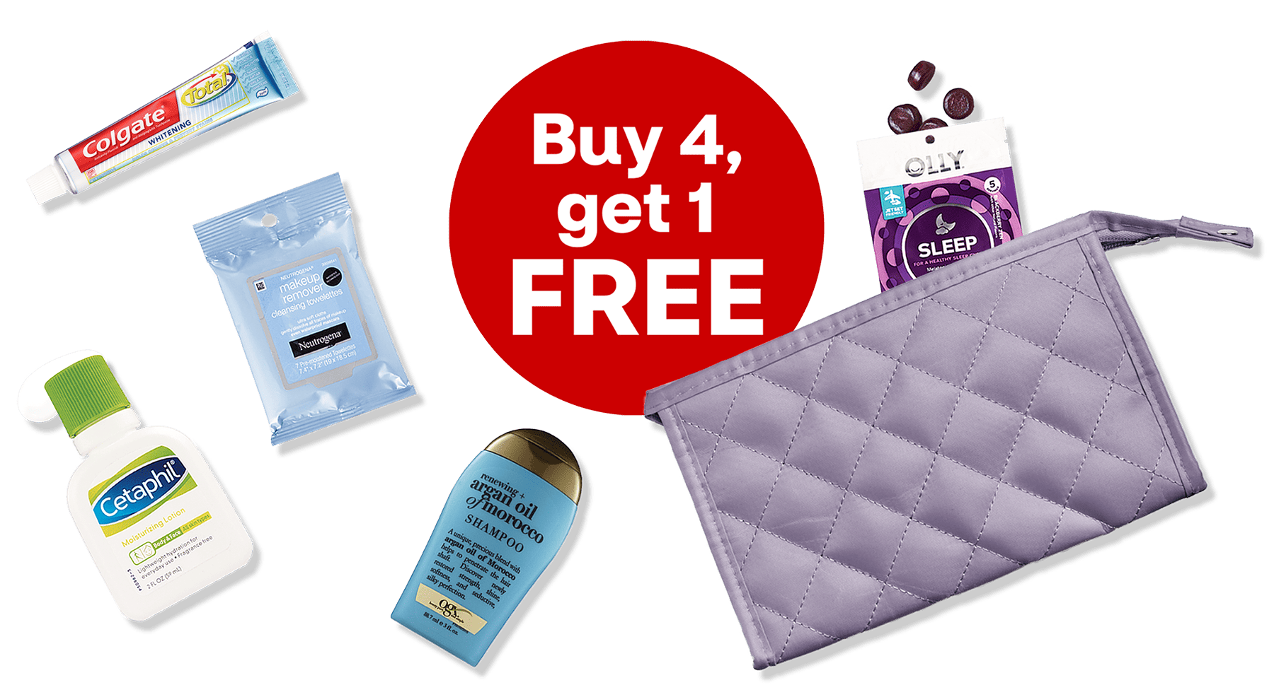 Free gift with purchase! What style will you receive? arrows point to pouch with a large question mark, amid examples of travel size products.