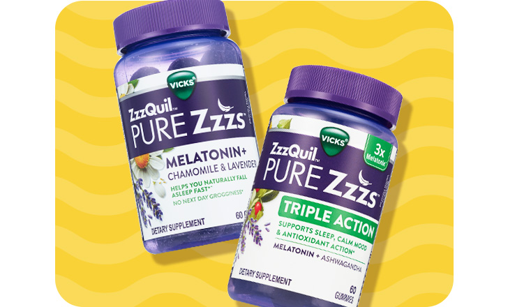 Vicks ZzzQuil Pure Zzzs Melatonin and Triple Action.